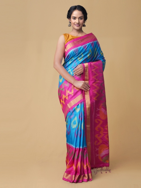 

Unnati Silks Blue Silk Blend Woven Design Handloom Pochampally Saree