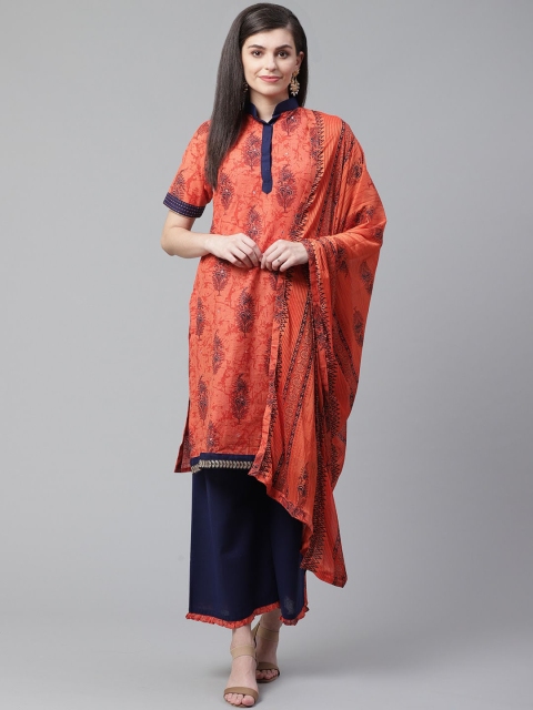 

Chhabra 555 Women Orange Ethnic Motifs Printed Regular Mirror Work Kurta with Palazzos & With Dupatta