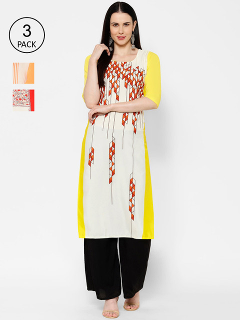

7threads Women Multicoloured Set of 3 Floral Printed Crepe Kurta, Multi