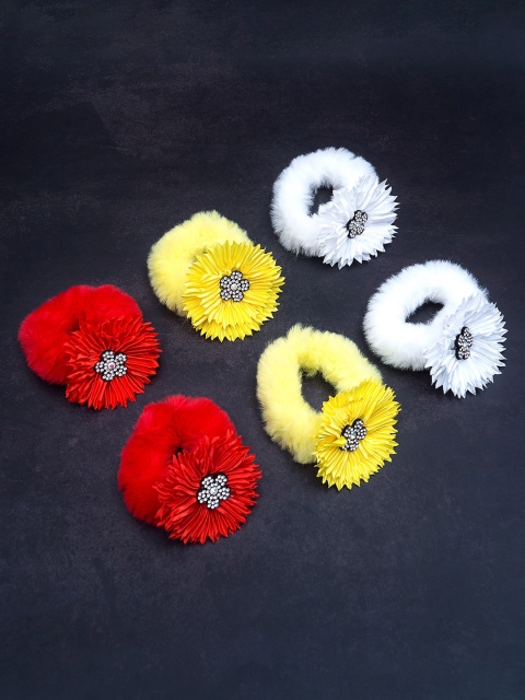 

Golden Peacock Girls Set of 6 Floral Furry Ponytail Holders, Red