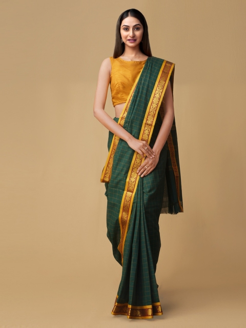 

Unnati Silks Green Pure Cotton Checked Venkatgiri Saree