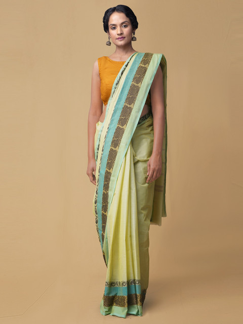 

Unnati Silks Green Pure Cotton Solid Handloom Kanjeevaram Saree