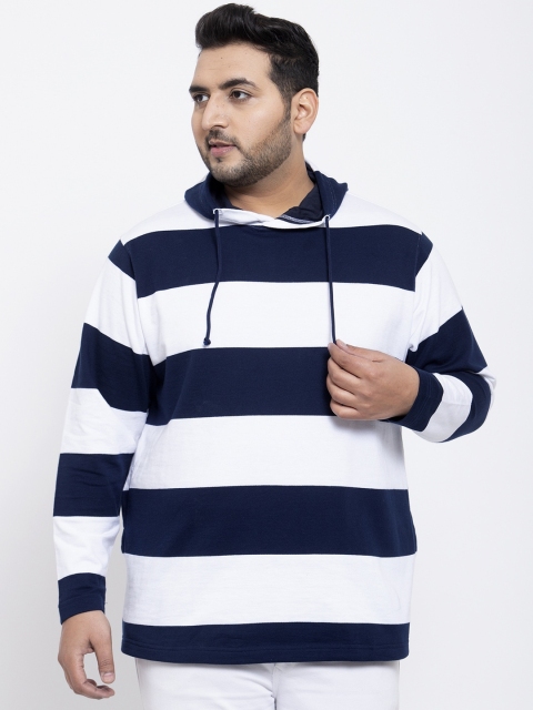 

plusS Men White & Blue Striped Hooded Sweatshirt