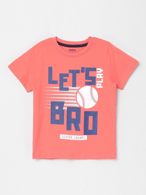 

max Boys Coral Pink Navy Blue Printed Round Neck Pure Cotton T-shirt