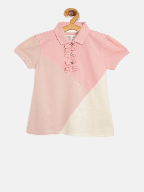 

Cherry Crumble Girls Pink & Off White Colourblocked Shirt Style Top