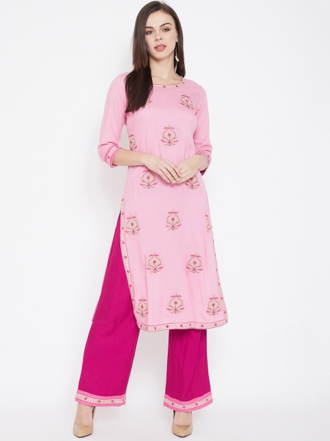 

Prakhya Women Pink Floral Embroidered High Slit Kurta with Palazzos