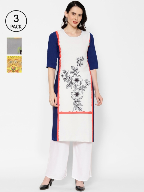 

7Threads Women Pack of 3 Printed Crepe Kurtas, Off white