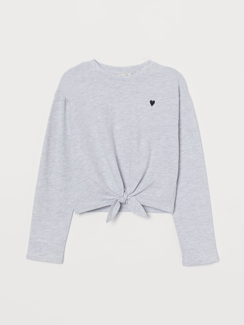 

H&M Girls Grey Solid Tie-Hem Cotton Jersey Top