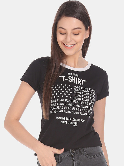 

Sugr Women Black Printed Round Neck T-shirt