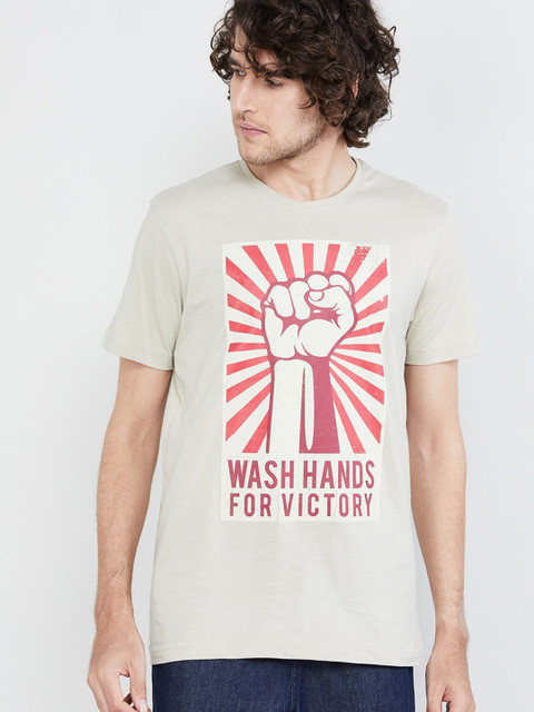 

max Men Grey Printed Round Neck T-shirt