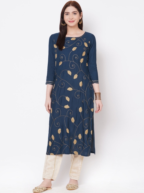 

FASHOR Women Teal Green & Gold-Coloured Zari Embroidered Straight Kurta