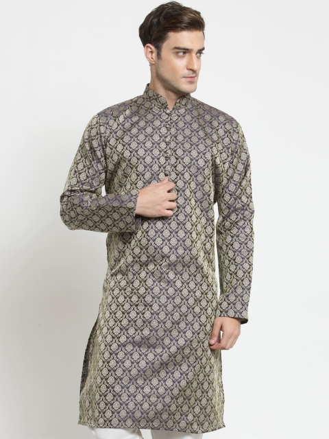 

Jompers Men Navy Blue & Gold-Toned Woven Design Straight Kurta
