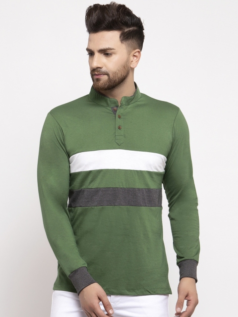 

Kalt Men Green Striped Henley Neck T-shirt