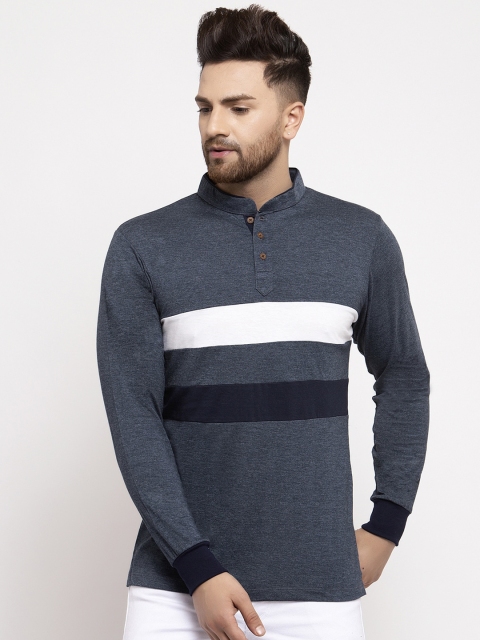 

Kalt Men Navy Blue Striped Mandarin Collar T-shirt