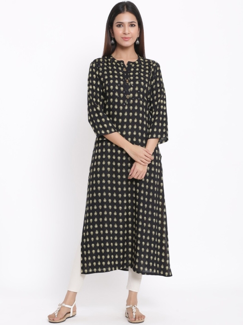 

kipek Women Black Printed Straight Kurta
