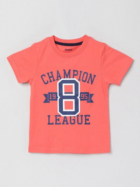 

max Boys Coral Orange Printed Round Neck T-shirt