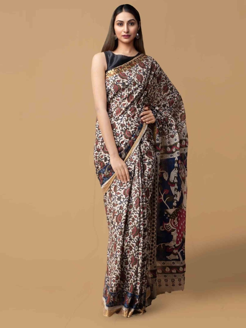 

Unnati Silks Cream-Coloured Pure Kalamkari Cotton Saree
