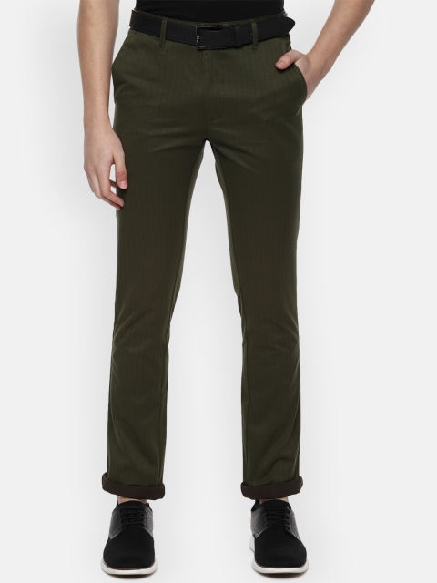 

V Dot Men Olive Green Slim Fit Self Design Regular Trousers