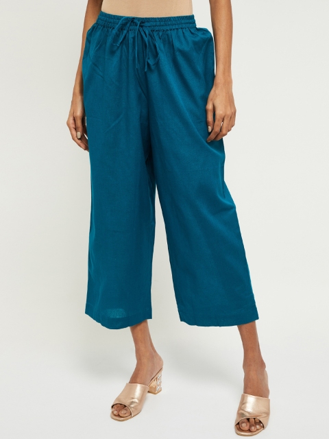 max Women Blue Solid Cropped Straight Palazzos