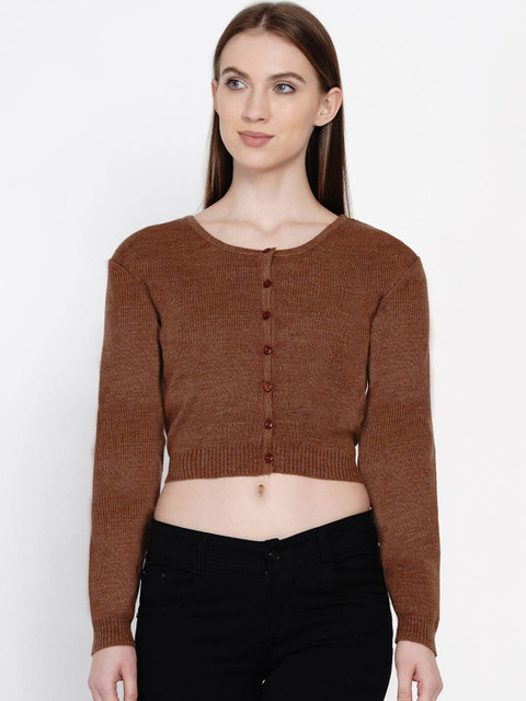 

FABNEST Women Brown Solid Crop Acrylic Cardigan