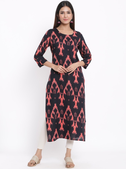 

kipek Women Pink & Black Printed Straight Kurta