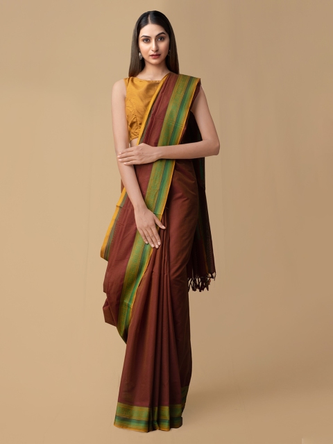 

Unnati Silks Maroon & Green Pure Cotton Striped Handloom Mysore Silk Saree