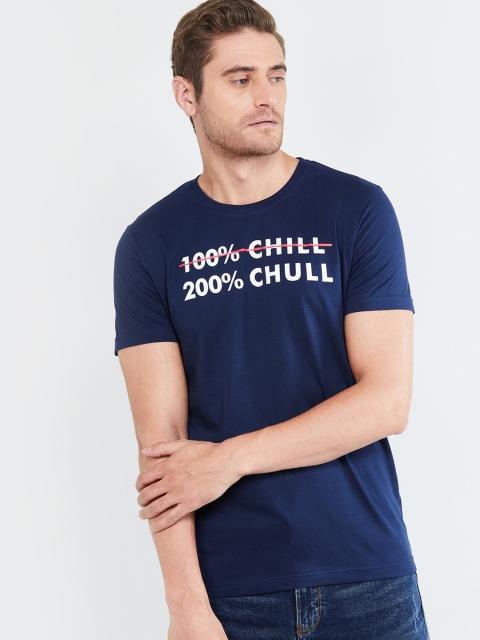 

max Men Navy Blue Printed Round Neck T-shirt