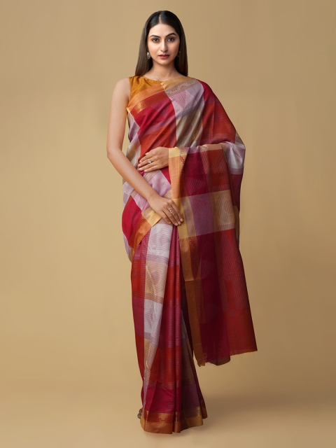 

Unnati Silks Multicoloured Checked Banarasi Saree, Multi