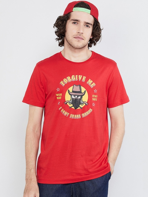 

max Men Red Printed Round Neck T-shirt