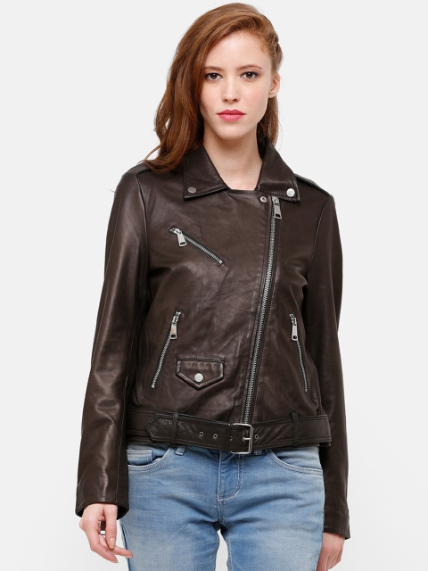 

STROP Women Brown Solid Asymmetric Closure Biker Jacket
