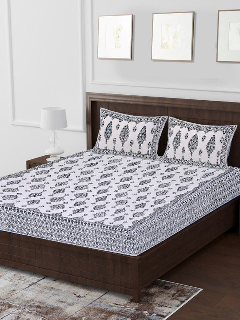 

Tistabene Grey & White Ethnic Motifs 144 TC 100% Cotton Double King Bedsheet with Two Pillow Covers