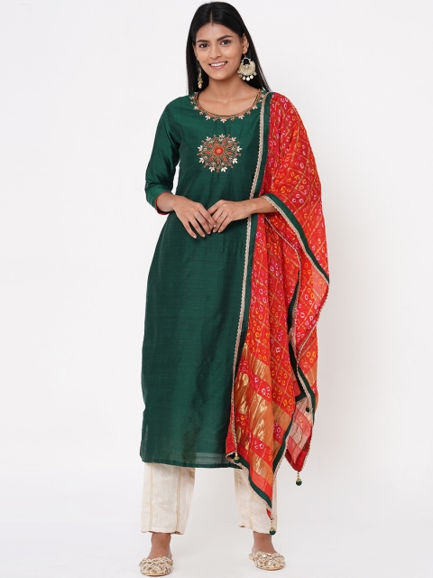 

FASHOR Women Green Embroidered A-Line Kurta With Dupatta