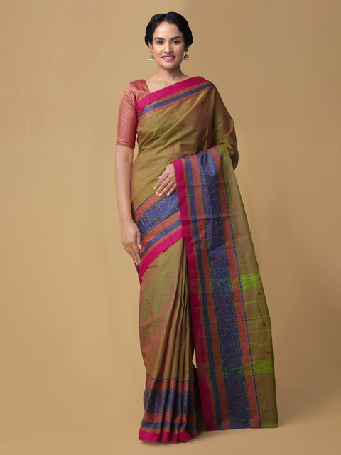 

Unnati Silks Green & Blue Pure Cotton Solid Mysore Silk Saree