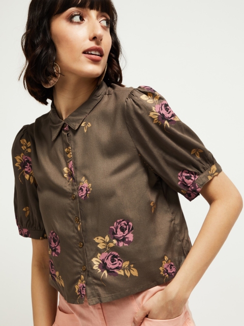 max Women Grey & Taupe Regular Fit Printed Casual Shirt