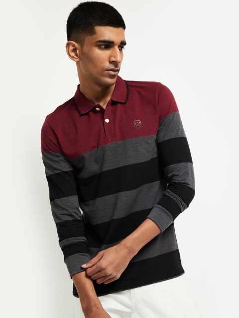 max Men Maroon & Black Striped Polo Collar T-shirt