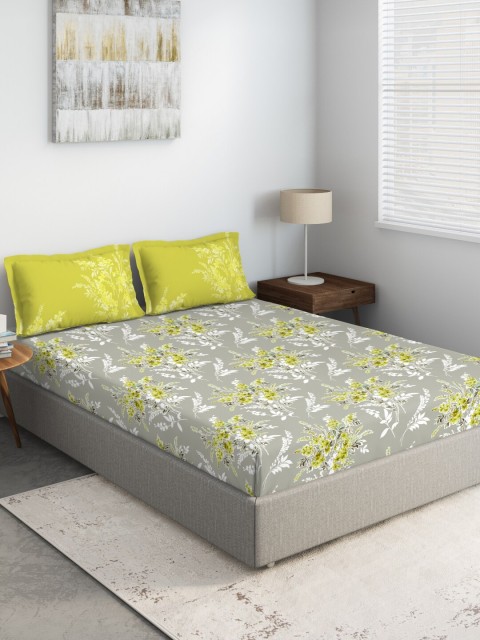 

DDecor Yellow & Grey Floral 144 TC 100% Cotton Double King Bedsheet with Two Pillow Covers