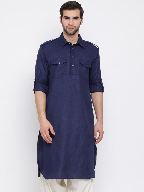 

VASTRAMAY Men Navy Blue Woven Design Pathani Kurta