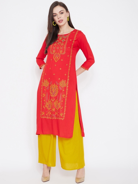

Prakhya Women Red & Yellow Embroidered Kurta with Palazzos