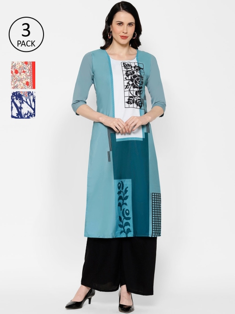 

7threads Women Multicoloured Set of 3 Floral Printed Crepe Kurta, Multi