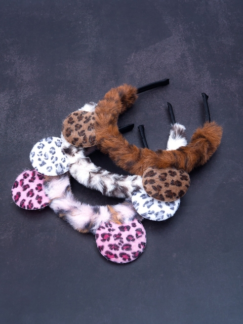 

Golden Peacock Women Set Of 3 Animal Print Fluffy Faux Fur Hair Band, Pink