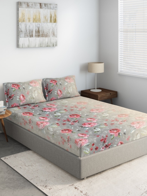 

DDecor Red & Grey Floral Printed 144 TC Cotton King Bedsheet With 2 Pillow Covers