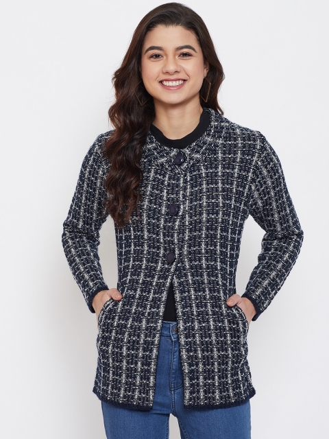 

Zigo Women Navy Blue & White Self Design Cardigan