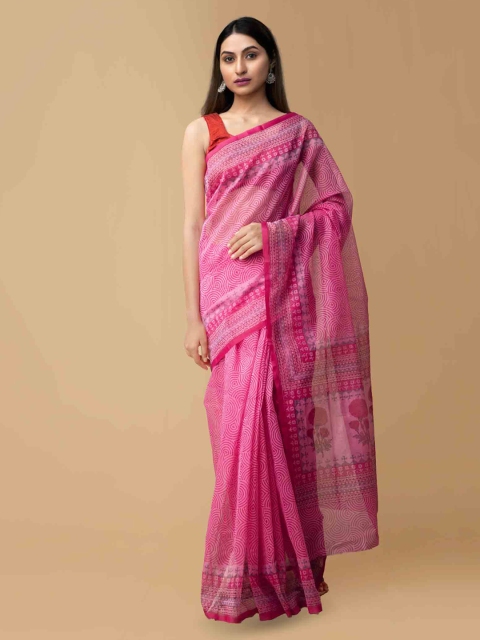 

Unnati Silks Pink Net Striped Hand Block Kota Saree