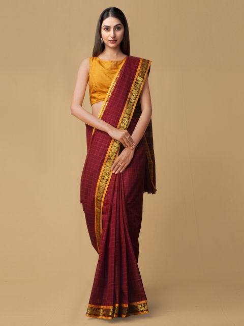 

Unnati Silks Maroon Pure Cotton Checked Handloom Venkatgiri Saree