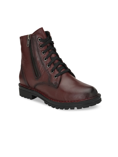 

Delize Women Maroon Solid Leather Mid-Top Flat Boots