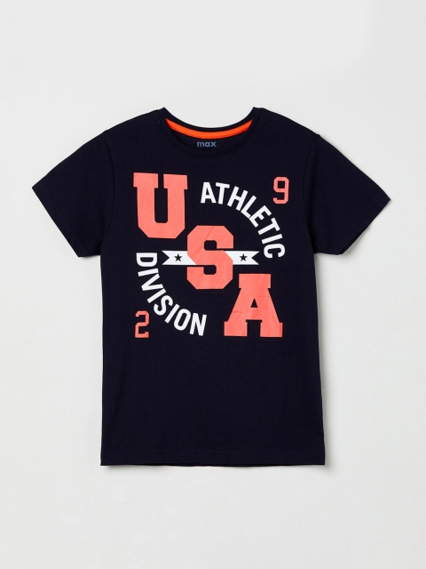 

max Boys Navy Blue & Orange Printed Round Neck T-shirt