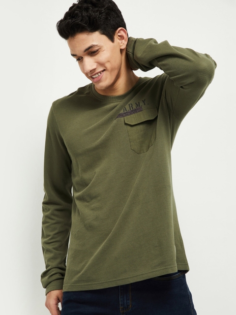 

max Men Olive Green Solid Round Neck T-shirt
