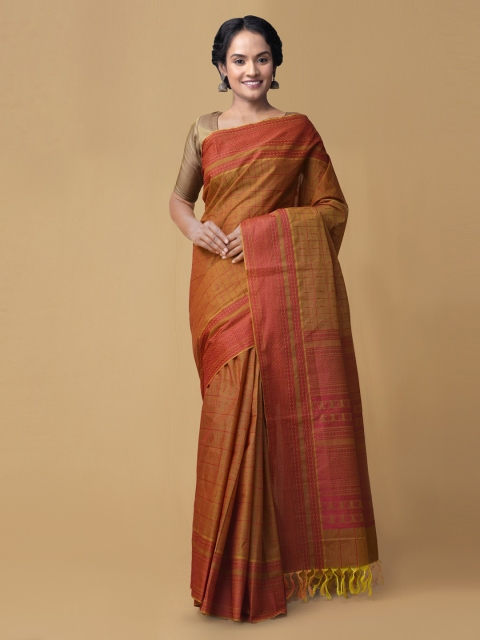 

Unnati Silks Orange Pure Cotton Checked Mysore Silk Saree