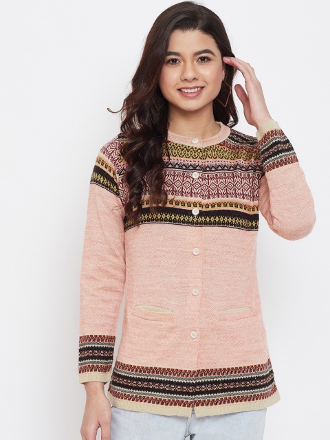 

Zigo Women Pink & Brown Self-Design Cardigan Sweater