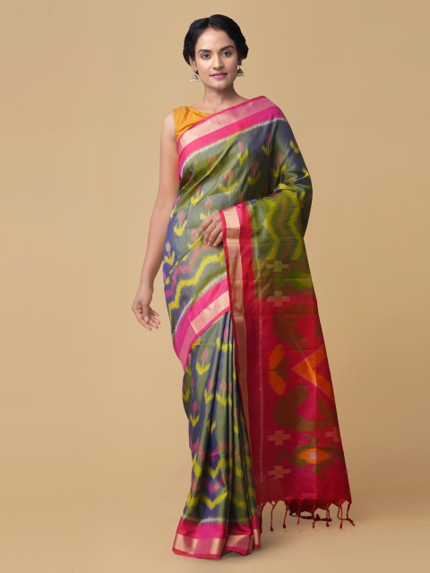 

Unnati Silks Green Silk Blend Dyed Pochampally Saree
